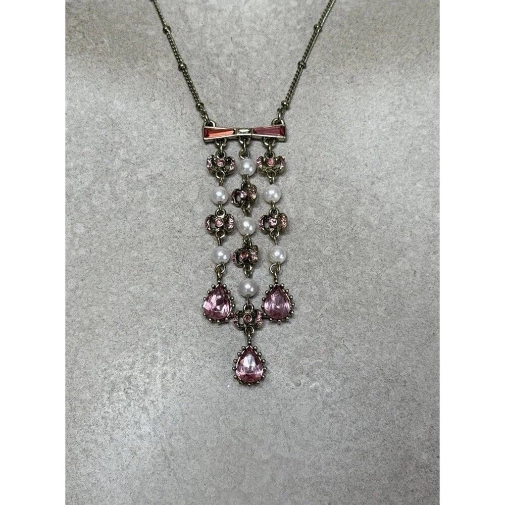 Betsey Johnson Pink Crystal Pearl Drop Necklace Gold Tone Marked Faux Pearl - Picture 4 of 13